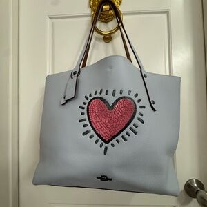 Coach Keith Haring Pink and Light Blue Heart Tote Bag